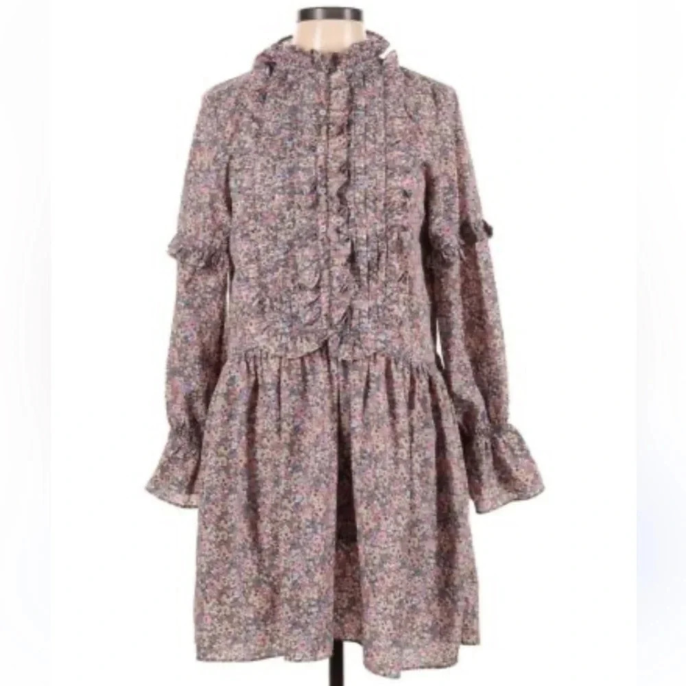 Walter Baker Prairie Ruffle Floral Long Sleeve Dress Grey Pink Size 0 - Picture 1 of 6